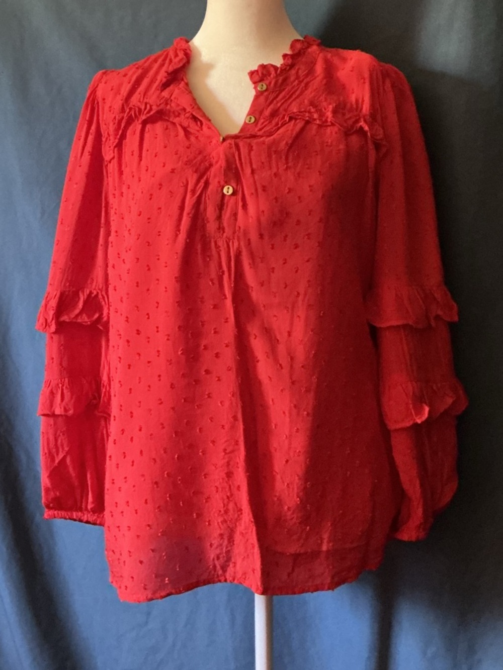 LOFT Red Ruffle Trim Swiss Dot Blouse